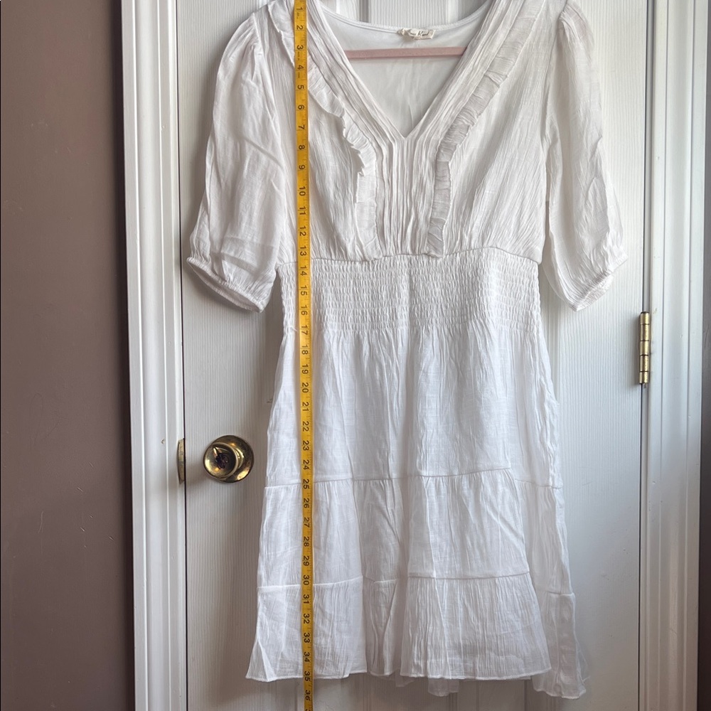 White Midi Dress with V-Neck and Smocked Waist - Picture 9 of 11